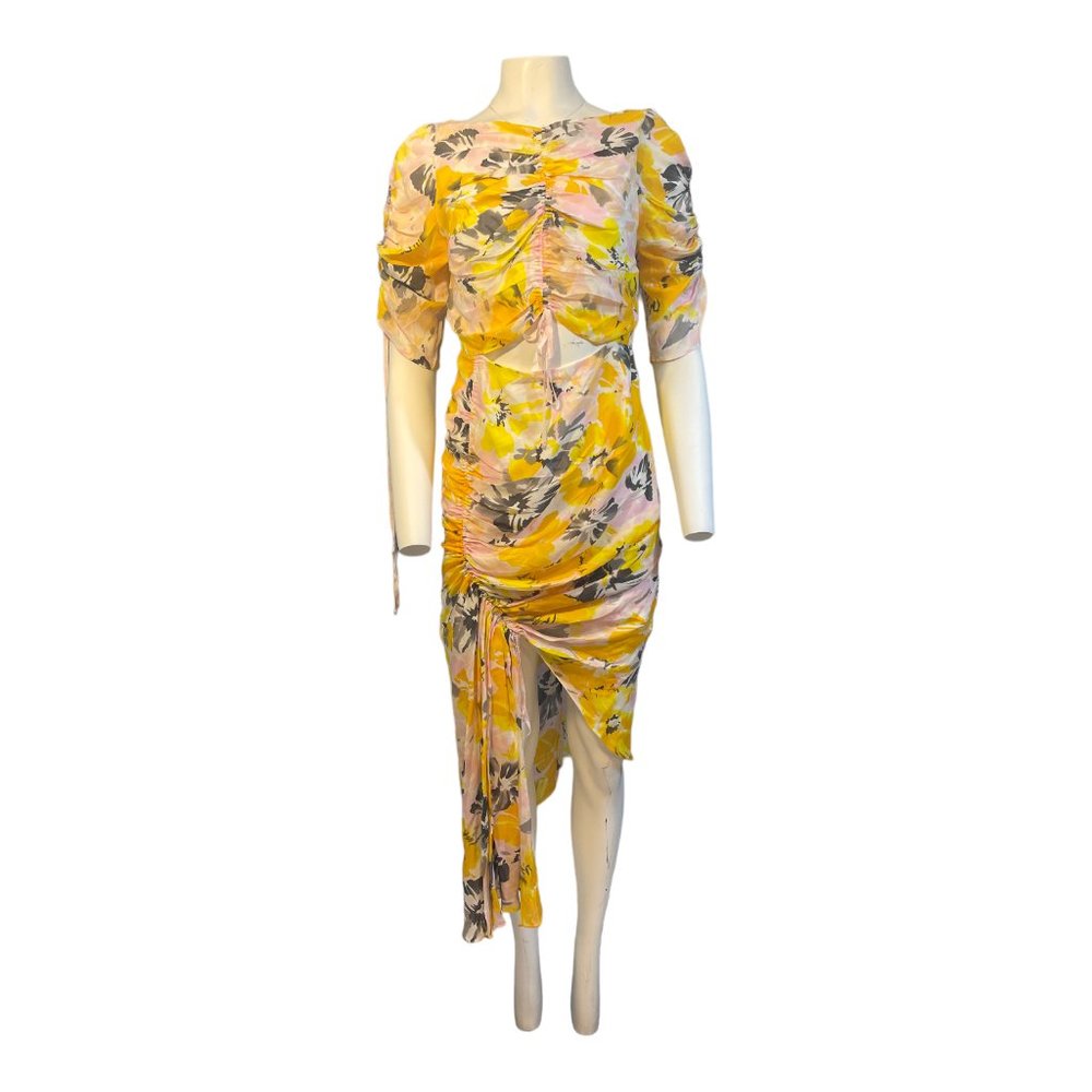 Alice McCall Soiree Dress Saffron Floral Midi Asymmetrical